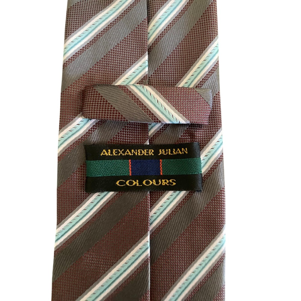 Alexander Julian Colours Mens Striped Necktie Burgundy Grey Blue Hand Made 2423